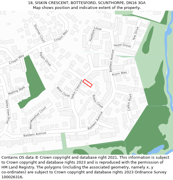 18, SISKIN CRESCENT, BOTTESFORD, SCUNTHORPE, DN16 3GA: Location map and indicative extent of plot