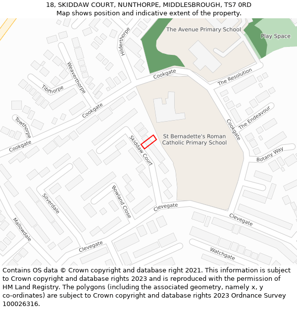 18, SKIDDAW COURT, NUNTHORPE, MIDDLESBROUGH, TS7 0RD: Location map and indicative extent of plot