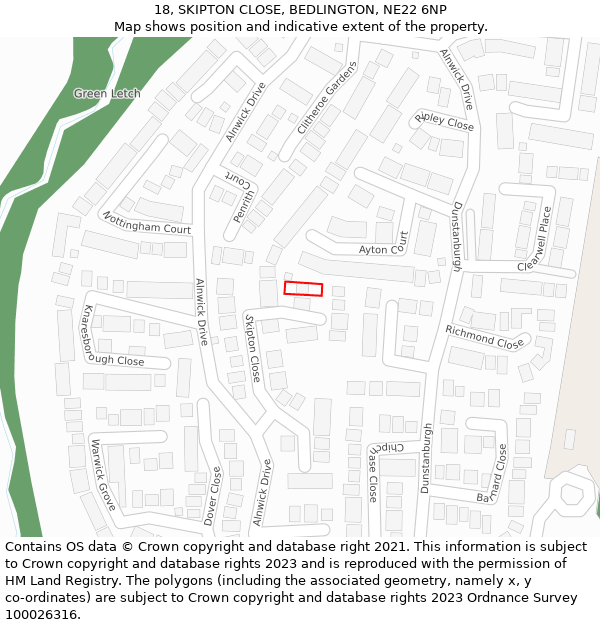 18, SKIPTON CLOSE, BEDLINGTON, NE22 6NP: Location map and indicative extent of plot