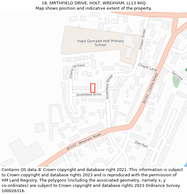 18, SMITHFIELD DRIVE, HOLT, WREXHAM, LL13 9AQ: Location map and indicative extent of plot