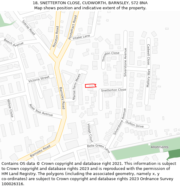 18, SNETTERTON CLOSE, CUDWORTH, BARNSLEY, S72 8NA: Location map and indicative extent of plot