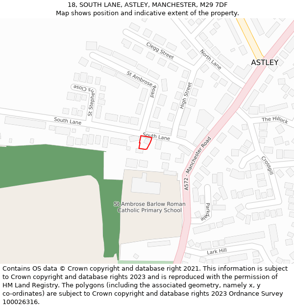 18, SOUTH LANE, ASTLEY, MANCHESTER, M29 7DF: Location map and indicative extent of plot