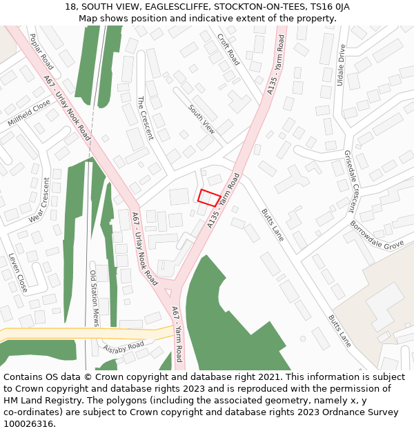18, SOUTH VIEW, EAGLESCLIFFE, STOCKTON-ON-TEES, TS16 0JA: Location map and indicative extent of plot