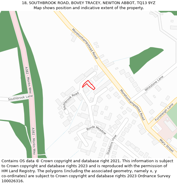 18, SOUTHBROOK ROAD, BOVEY TRACEY, NEWTON ABBOT, TQ13 9YZ: Location map and indicative extent of plot