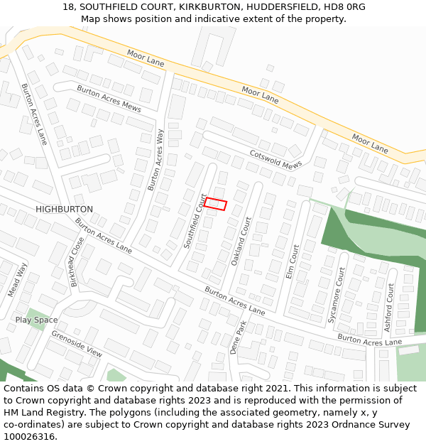 18, SOUTHFIELD COURT, KIRKBURTON, HUDDERSFIELD, HD8 0RG: Location map and indicative extent of plot