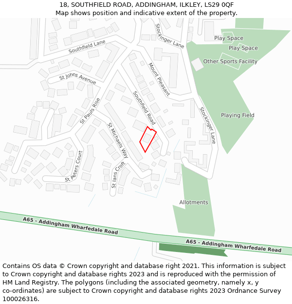 18, SOUTHFIELD ROAD, ADDINGHAM, ILKLEY, LS29 0QF: Location map and indicative extent of plot