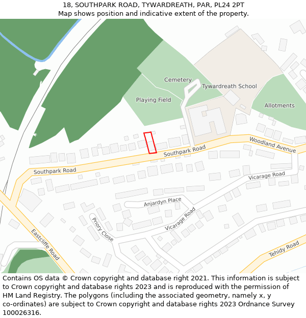 18, SOUTHPARK ROAD, TYWARDREATH, PAR, PL24 2PT: Location map and indicative extent of plot