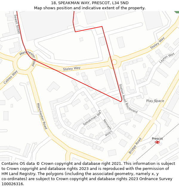 18, SPEAKMAN WAY, PRESCOT, L34 5ND: Location map and indicative extent of plot