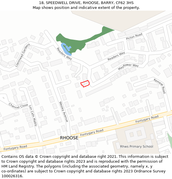 18, SPEEDWELL DRIVE, RHOOSE, BARRY, CF62 3HS: Location map and indicative extent of plot