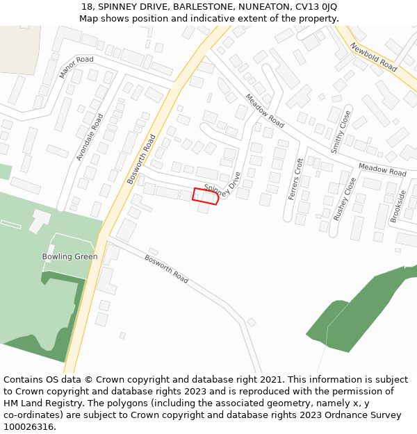 18, SPINNEY DRIVE, BARLESTONE, NUNEATON, CV13 0JQ: Location map and indicative extent of plot