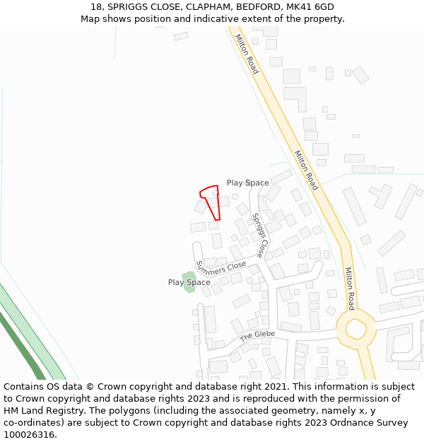 18, SPRIGGS CLOSE, CLAPHAM, BEDFORD, MK41 6GD: Location map and indicative extent of plot