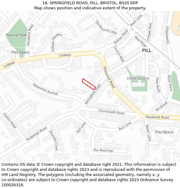 18, SPRINGFIELD ROAD, PILL, BRISTOL, BS20 0DP: Location map and indicative extent of plot