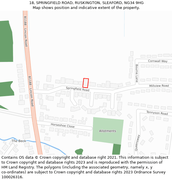 18, SPRINGFIELD ROAD, RUSKINGTON, SLEAFORD, NG34 9HG: Location map and indicative extent of plot