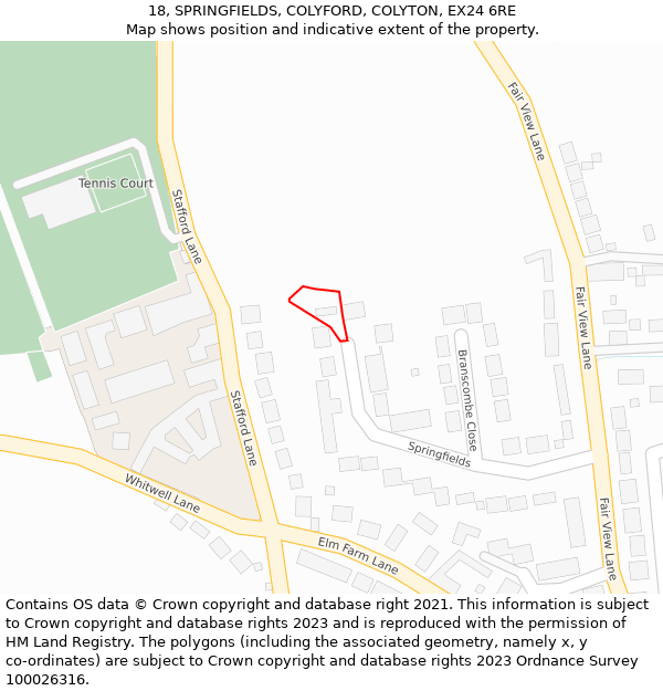 18, SPRINGFIELDS, COLYFORD, COLYTON, EX24 6RE: Location map and indicative extent of plot