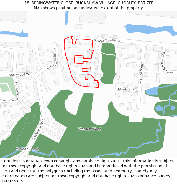 18, SPRINGWATER CLOSE, BUCKSHAW VILLAGE, CHORLEY, PR7 7FF: Location map and indicative extent of plot