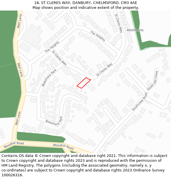 18, ST CLERES WAY, DANBURY, CHELMSFORD, CM3 4AE: Location map and indicative extent of plot