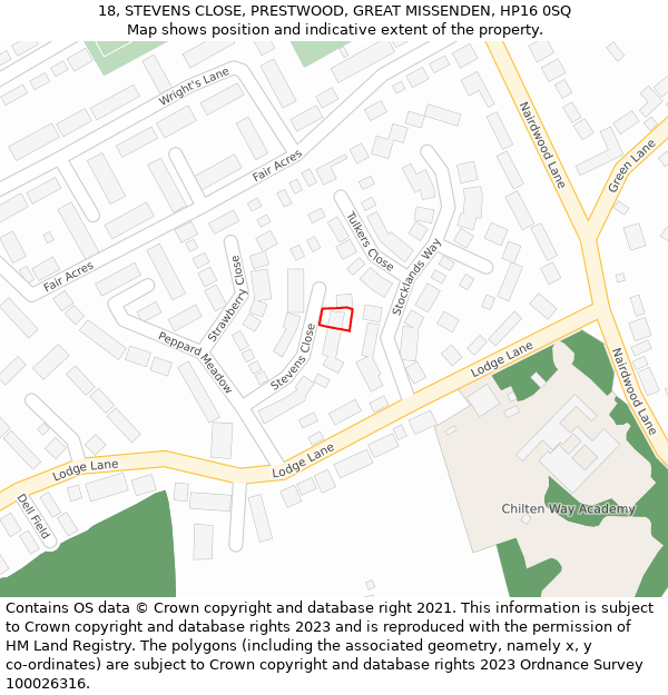 18, STEVENS CLOSE, PRESTWOOD, GREAT MISSENDEN, HP16 0SQ: Location map and indicative extent of plot