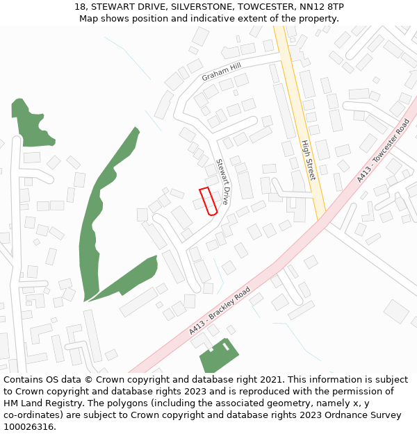 18, STEWART DRIVE, SILVERSTONE, TOWCESTER, NN12 8TP: Location map and indicative extent of plot