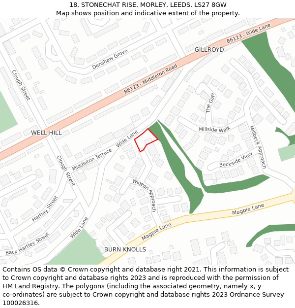 18, STONECHAT RISE, MORLEY, LEEDS, LS27 8GW: Location map and indicative extent of plot
