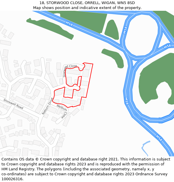 18, STORWOOD CLOSE, ORRELL, WIGAN, WN5 8SD: Location map and indicative extent of plot