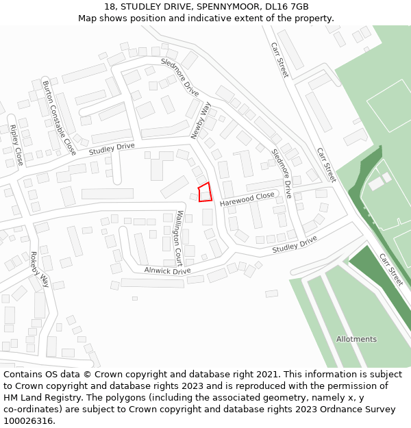 18, STUDLEY DRIVE, SPENNYMOOR, DL16 7GB: Location map and indicative extent of plot