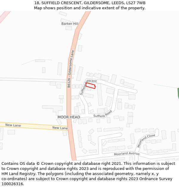 18, SUFFIELD CRESCENT, GILDERSOME, LEEDS, LS27 7WB: Location map and indicative extent of plot