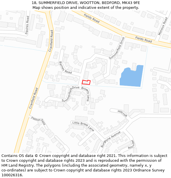 18, SUMMERFIELD DRIVE, WOOTTON, BEDFORD, MK43 9FE: Location map and indicative extent of plot