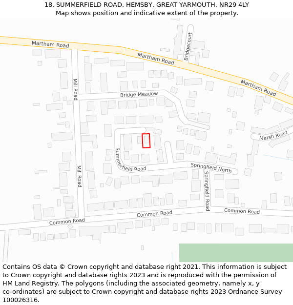 18, SUMMERFIELD ROAD, HEMSBY, GREAT YARMOUTH, NR29 4LY: Location map and indicative extent of plot