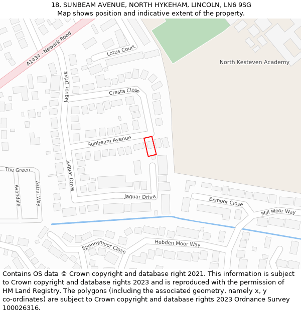 18, SUNBEAM AVENUE, NORTH HYKEHAM, LINCOLN, LN6 9SG: Location map and indicative extent of plot