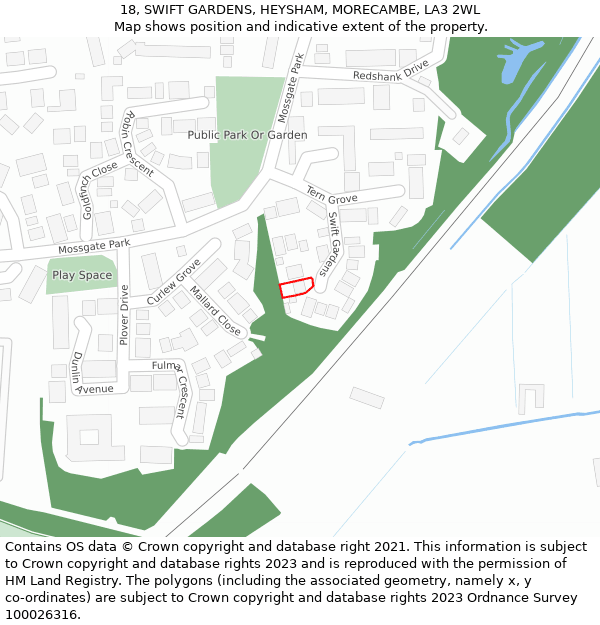 18, SWIFT GARDENS, HEYSHAM, MORECAMBE, LA3 2WL: Location map and indicative extent of plot