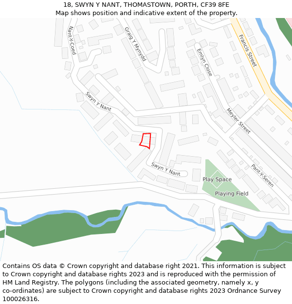 18, SWYN Y NANT, THOMASTOWN, PORTH, CF39 8FE: Location map and indicative extent of plot