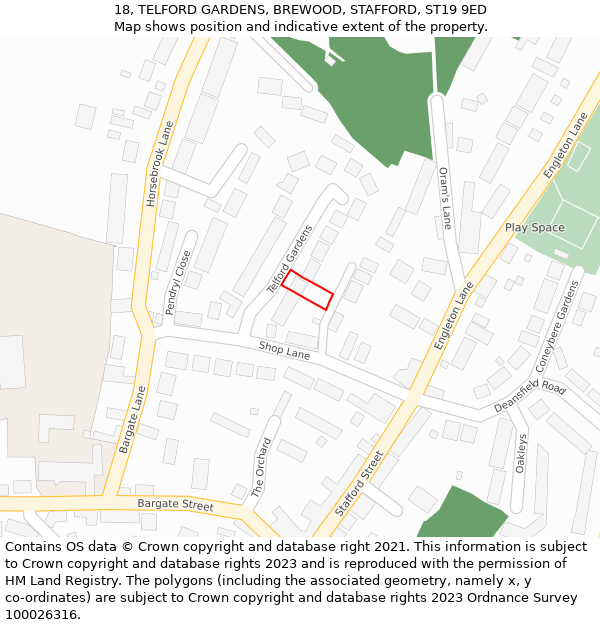 18, TELFORD GARDENS, BREWOOD, STAFFORD, ST19 9ED: Location map and indicative extent of plot