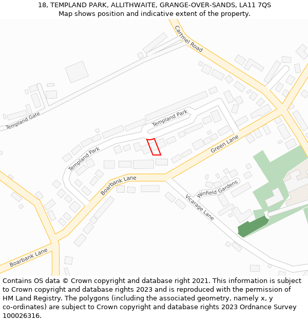 18, TEMPLAND PARK, ALLITHWAITE, GRANGE-OVER-SANDS, LA11 7QS: Location map and indicative extent of plot