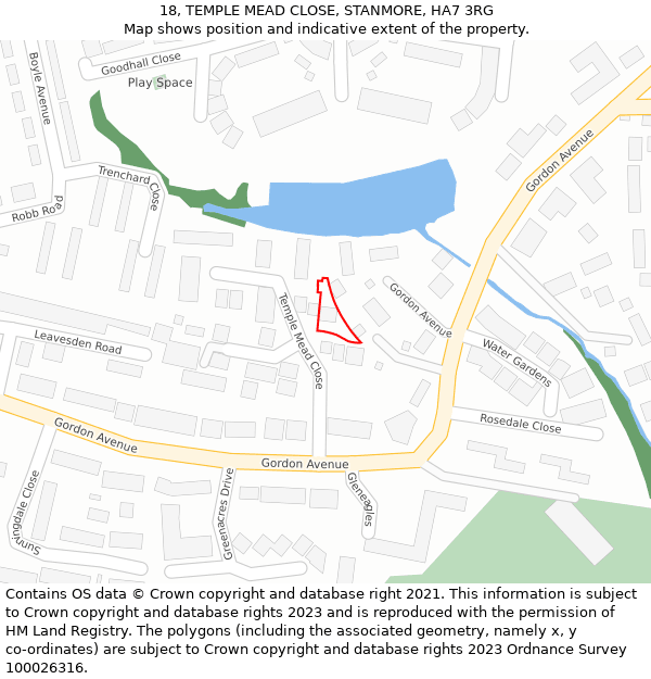 18, TEMPLE MEAD CLOSE, STANMORE, HA7 3RG: Location map and indicative extent of plot