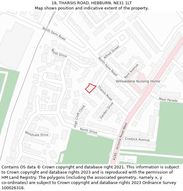 18, THARSIS ROAD, HEBBURN, NE31 1LT: Location map and indicative extent of plot
