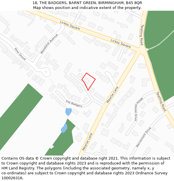 18, THE BADGERS, BARNT GREEN, BIRMINGHAM, B45 8QR: Location map and indicative extent of plot