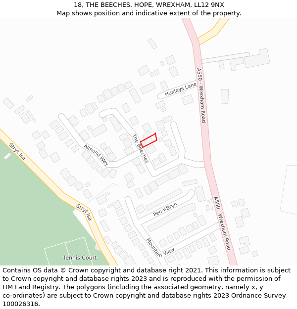 18, THE BEECHES, HOPE, WREXHAM, LL12 9NX: Location map and indicative extent of plot