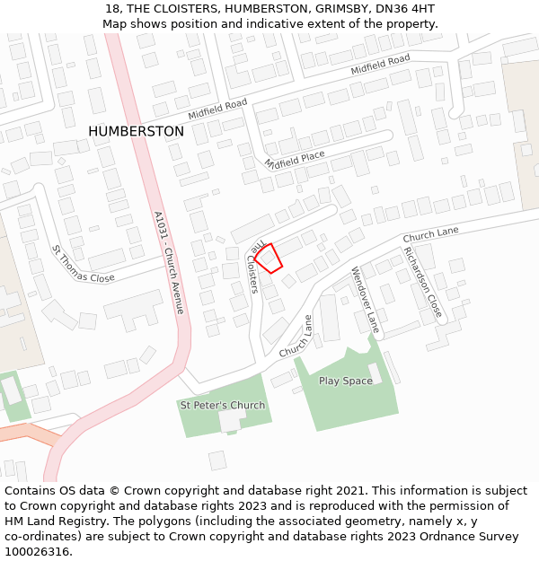 18, THE CLOISTERS, HUMBERSTON, GRIMSBY, DN36 4HT: Location map and indicative extent of plot