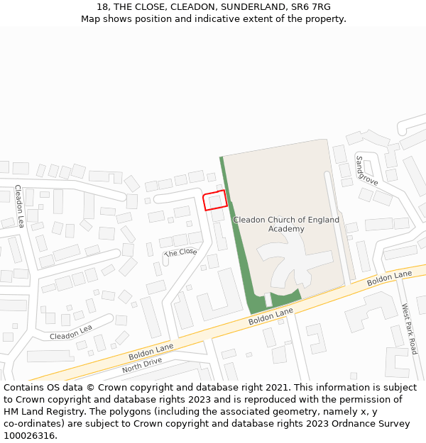 18, THE CLOSE, CLEADON, SUNDERLAND, SR6 7RG: Location map and indicative extent of plot