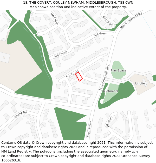 18, THE COVERT, COULBY NEWHAM, MIDDLESBROUGH, TS8 0WN: Location map and indicative extent of plot