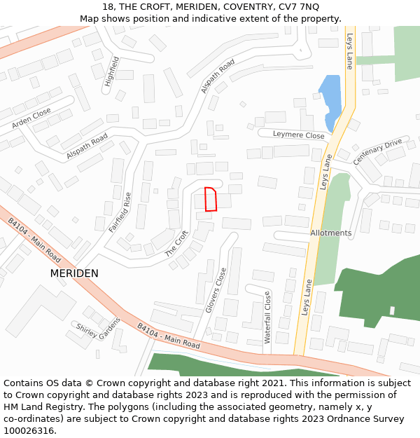 18, THE CROFT, MERIDEN, COVENTRY, CV7 7NQ: Location map and indicative extent of plot