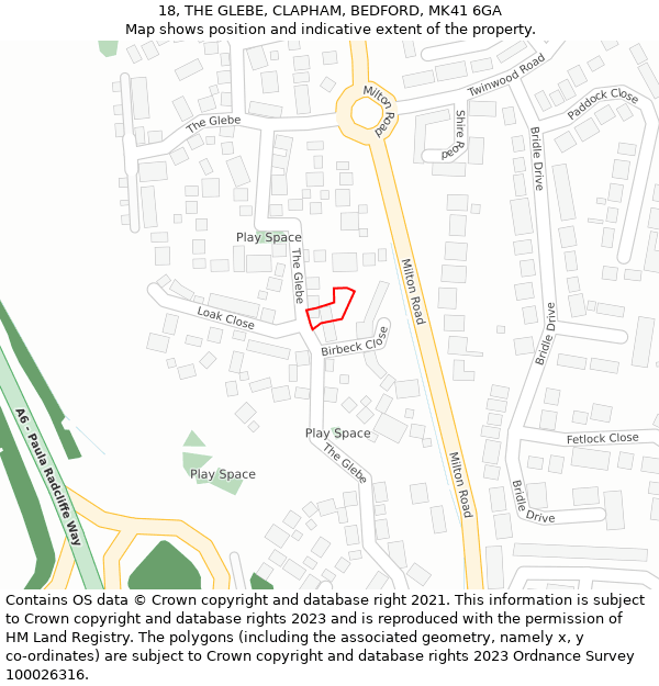 18, THE GLEBE, CLAPHAM, BEDFORD, MK41 6GA: Location map and indicative extent of plot