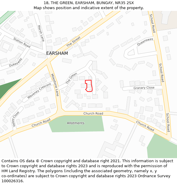 18, THE GREEN, EARSHAM, BUNGAY, NR35 2SX: Location map and indicative extent of plot