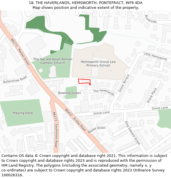 18, THE HAVERLANDS, HEMSWORTH, PONTEFRACT, WF9 4DA: Location map and indicative extent of plot