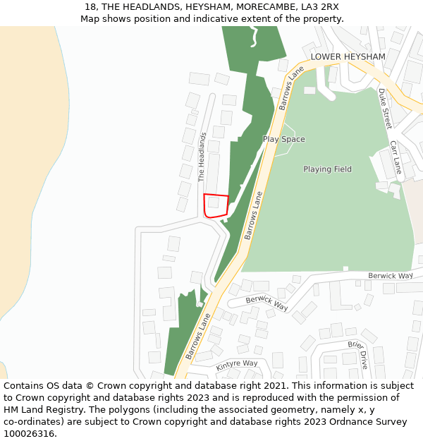 18, THE HEADLANDS, HEYSHAM, MORECAMBE, LA3 2RX: Location map and indicative extent of plot