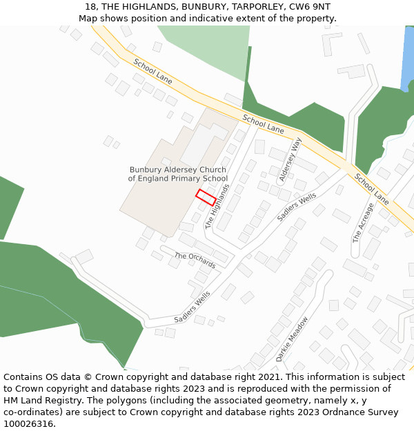 18, THE HIGHLANDS, BUNBURY, TARPORLEY, CW6 9NT: Location map and indicative extent of plot