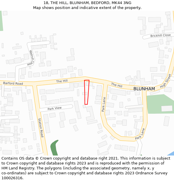 18, THE HILL, BLUNHAM, BEDFORD, MK44 3NG: Location map and indicative extent of plot