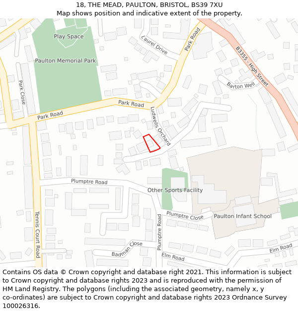 18, THE MEAD, PAULTON, BRISTOL, BS39 7XU: Location map and indicative extent of plot