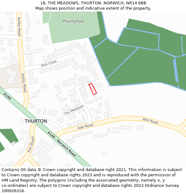 18, THE MEADOWS, THURTON, NORWICH, NR14 6BB: Location map and indicative extent of plot