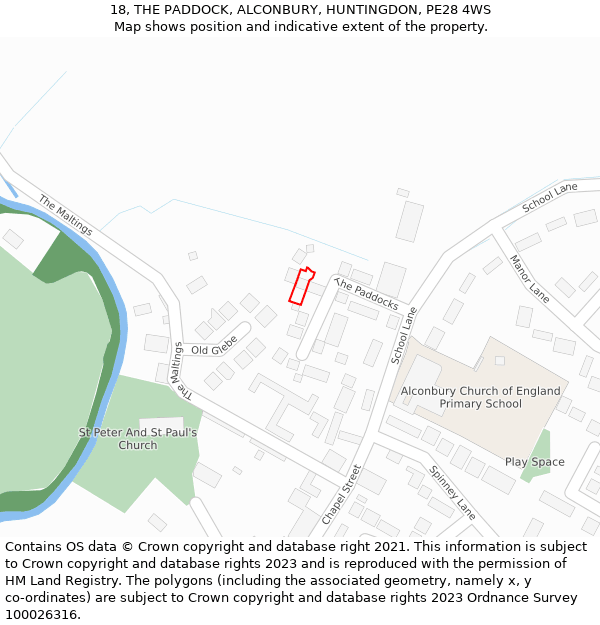 18, THE PADDOCK, ALCONBURY, HUNTINGDON, PE28 4WS: Location map and indicative extent of plot